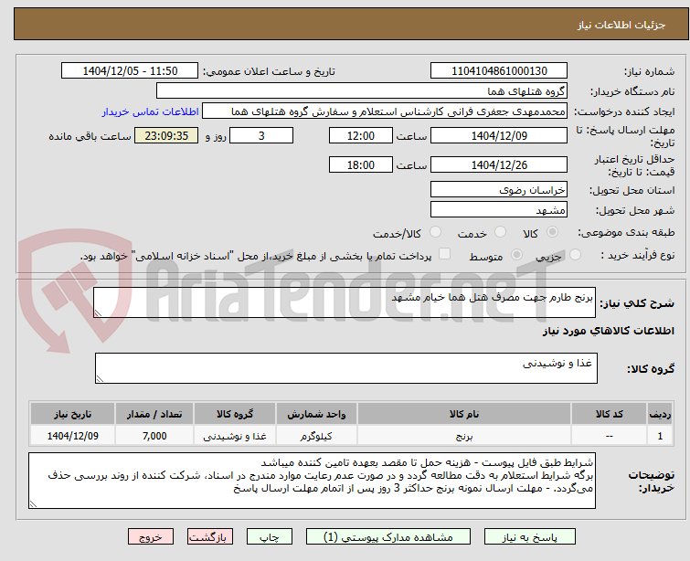 تصویر کوچک آگهی برنج طارم جهت مصرف هتل هما خیام مشهد