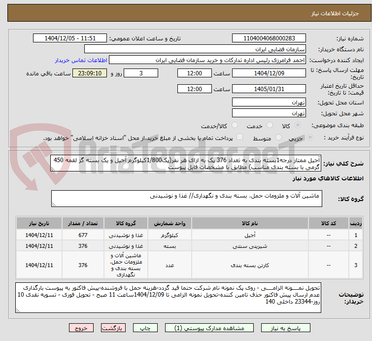 تصویر کوچک آگهی آجیل ممتاز درجه1بسته بندی به تعداد 376 پک به ازای هر نفر(پک1/800کیلوگرم آجیل و یک بسته گز لقمه 450 گرمی با بسته بندی مناسب) مطابق با مشخصات فایل پیوست