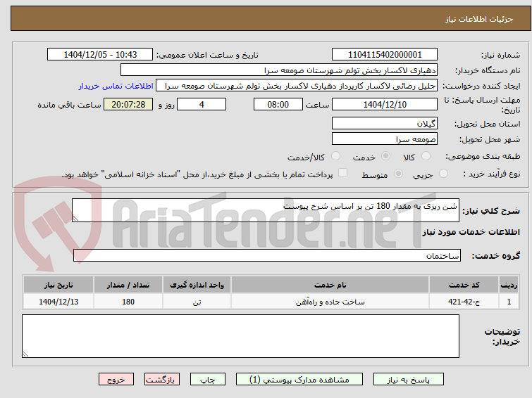 تصویر کوچک آگهی شن ریزی یه مقدار 180 تن بر اساس شرح پیوست