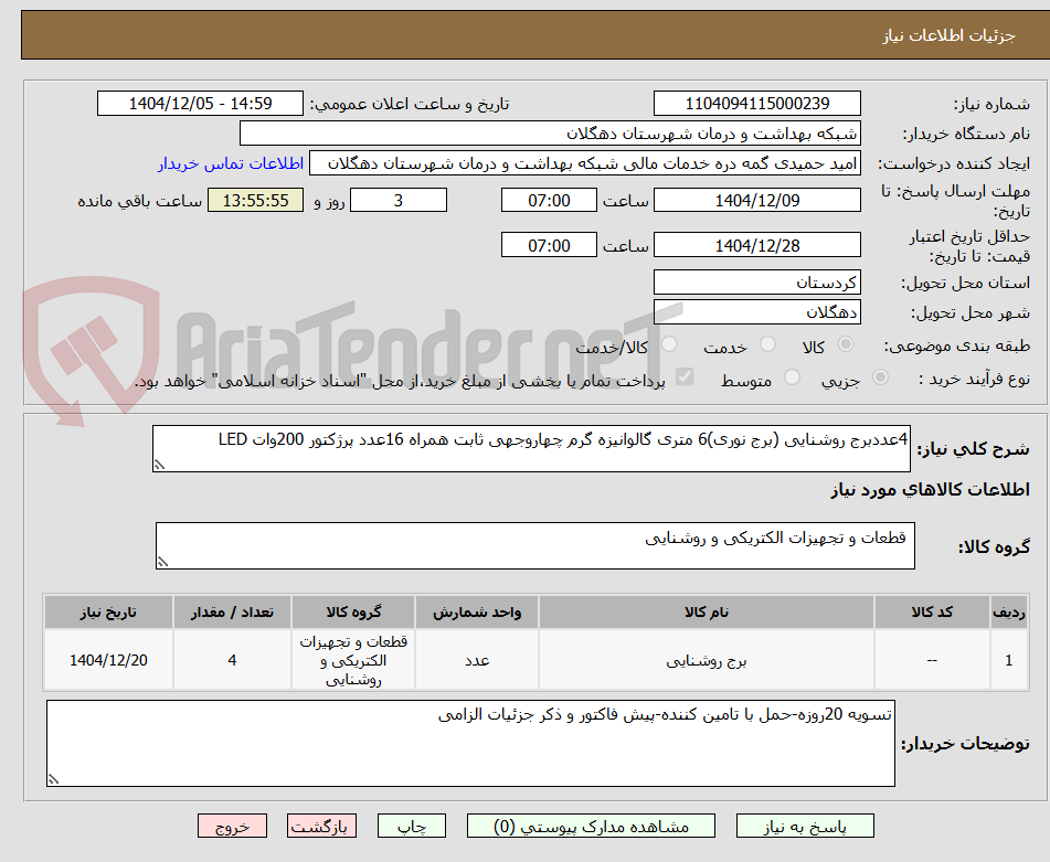 تصویر کوچک آگهی 4عددبرج روشنایی (برج نوری)6 متری گالوانیزه گرم چهاروجهی ثابت همراه 16عدد پرژکتور 200وات LED