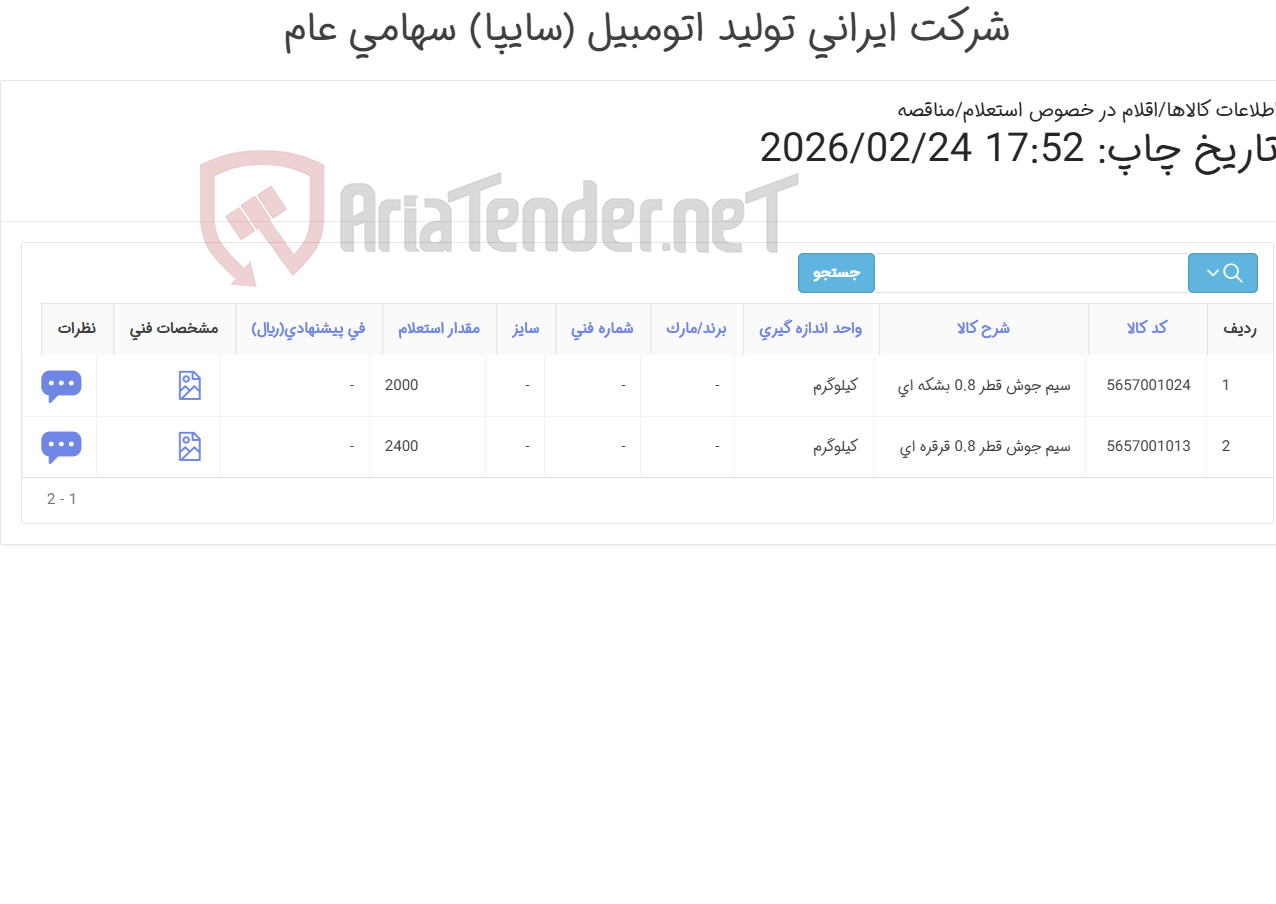 تصویر کوچک آگهی دو آیتم سیم جوش CO2 (بشکه ای و قرقره ای) بر اساس اعلام نیاز مدیریت برنامه ریزی طی نامه ی 388478 مورخ 1404/10/18