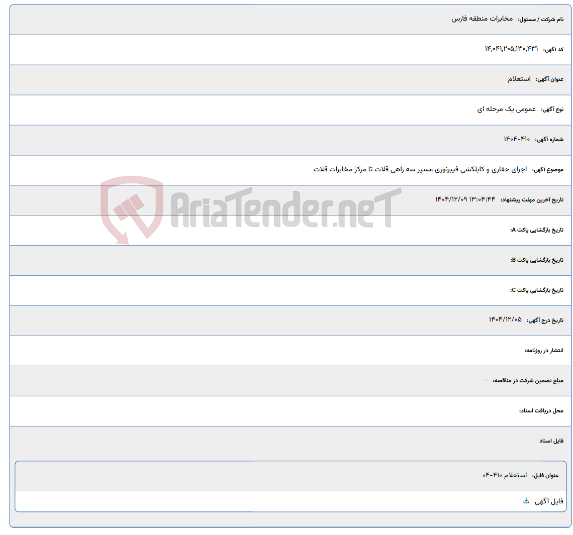 تصویر کوچک آگهی اجرای حفاری و کابلکشی فیبرنوری مسیر سه راهی قلات تا مرکز مخابرات قلات