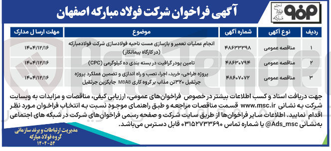 تصویر کوچک آگهی انجام عملیات تعمیر و بازسازی مست ناحیه فولادسازی شرکت فولاد مبارکه (در کارگاه پیمانکار )