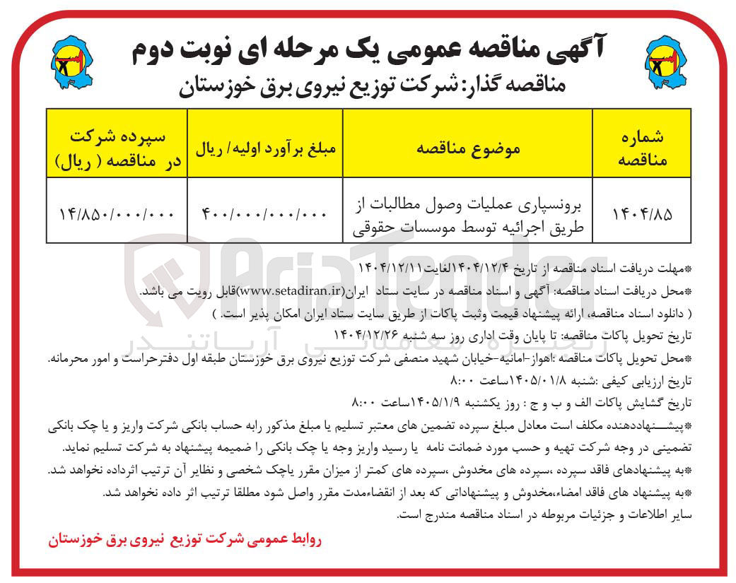 تصویر کوچک آگهی برونسپاری عملیات وصول مطالبات از طریق اجرائیه توسط موسسات حقوقی