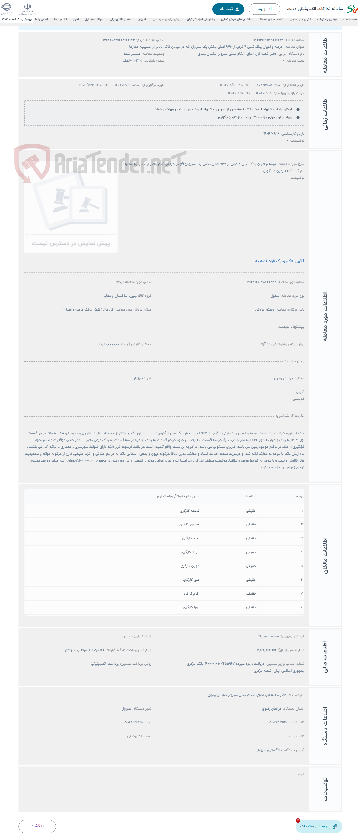 تصویر کوچک آگهی حراج  عرصه و اعیان پلاک ثبتی 2 فرعی از 936 اصلی بخش یک سبزوارواقع در خیابان قائم بالاتر از حسینیه عطارها