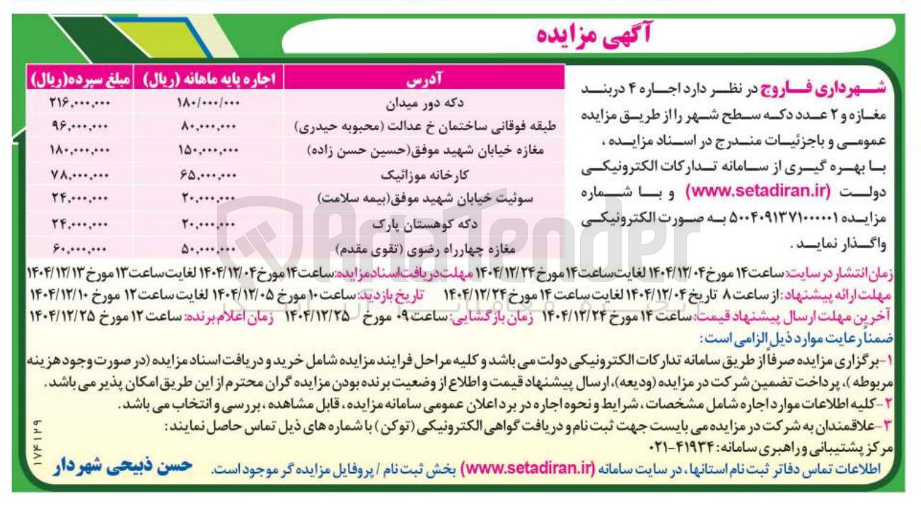 تصویر کوچک آگهی اجاره ۴ دربند مغازه و ۲ عدد دکه 