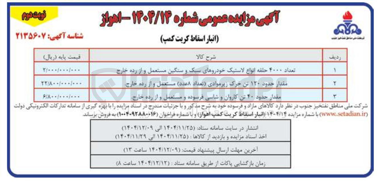 تصویر کوچک آگهی فروش کالاهای مازاد و فرسوده 