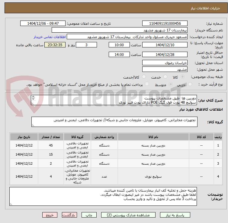 تصویر کوچک آگهی دوربین ها طبق مشخصات پیوست
سوئیچ 48 پورت فول گیگ POE دارای پورت فیبر نوری
لطفافاکتور بارگزاری درغیر اینصورت ابطال