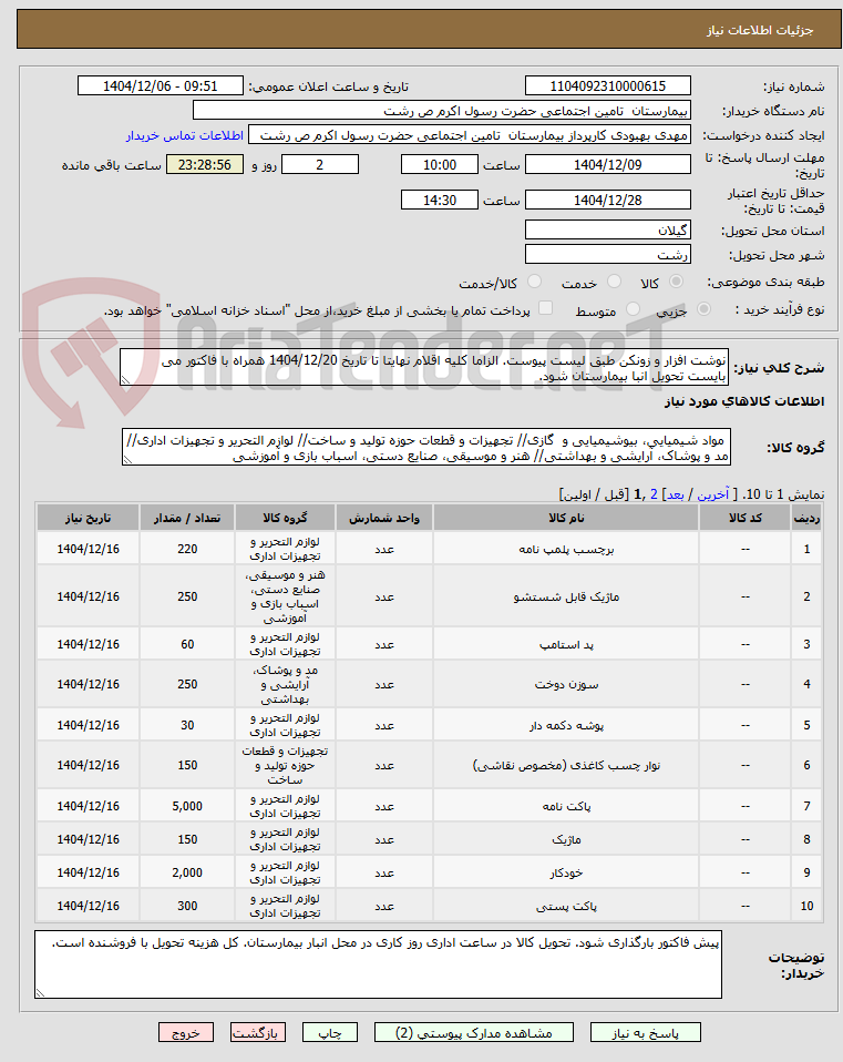 تصویر کوچک آگهی نوشت افزار و زونکن طبق لیست پیوست. الزاما کلیه اقلام نهایتا تا تاریخ 1404/12/20 همراه با فاکتور می بایست تحویل انبا بیمارستان شود.