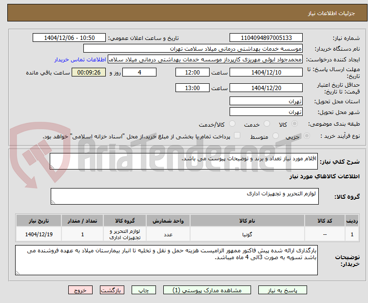 تصویر کوچک آگهی اقلام مورد نیاز تعداد و برند و توضیحات پیوست می باشد.