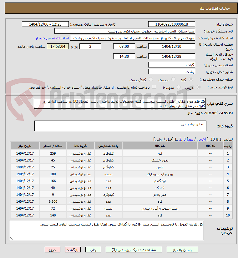 تصویر کوچک آگهی 26 قلم مواد غذائی طبق لیست پیوست. کلیه محصولات تولید داخلی باشد. تحویل کالا در ساعت اداری روز کاری در محل انبار بیمارستان. 
