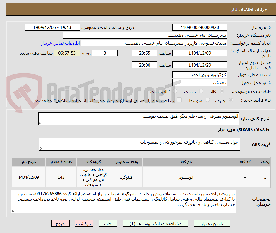 تصویر کوچک آگهی آلومینیوم مصرفی و سه قلم دیگر طبق لیست پیوست