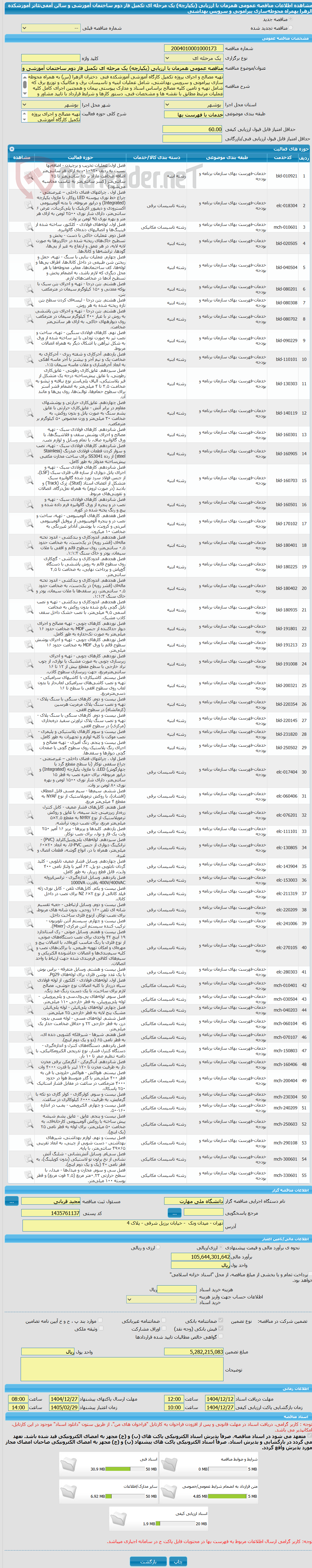 تصویر کوچک آگهی مناقصه عمومی همزمان با ارزیابی (یکپارچه) یک مرحله ای تکمیل فاز دوم ساختمان آموزشی و سالن آمفی‌تئاتر آموزشکده الزهرا بهمراه محوطه‌سازی پیرامونی و سرویس بهداشتی