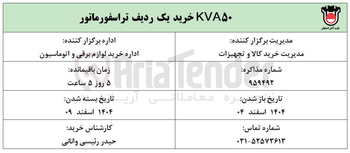 تصویر کوچک آگهی ۵۰ KVA خرید یک ردیف تراسفورماتور 
