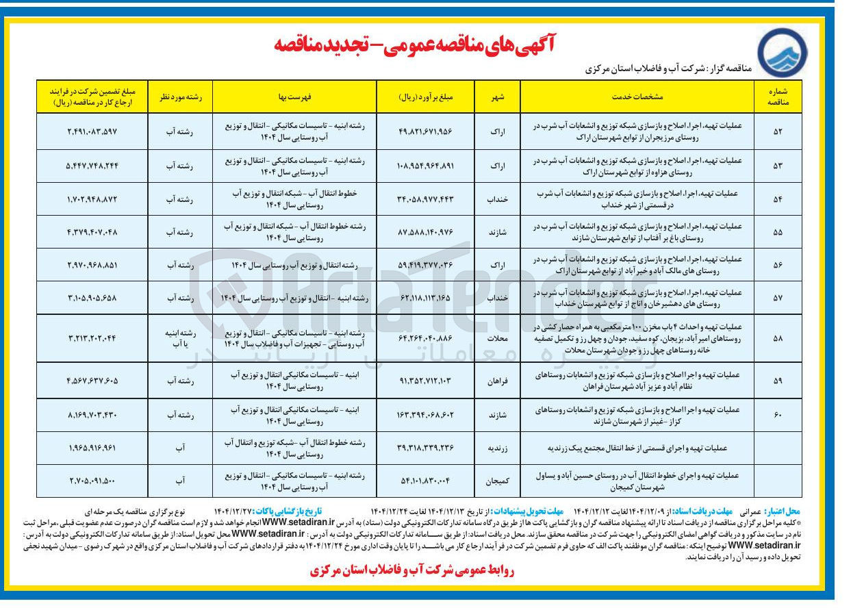تصویر کوچک آگهی عملیات تهیه و اجرای قسمتی از خط انتقال
