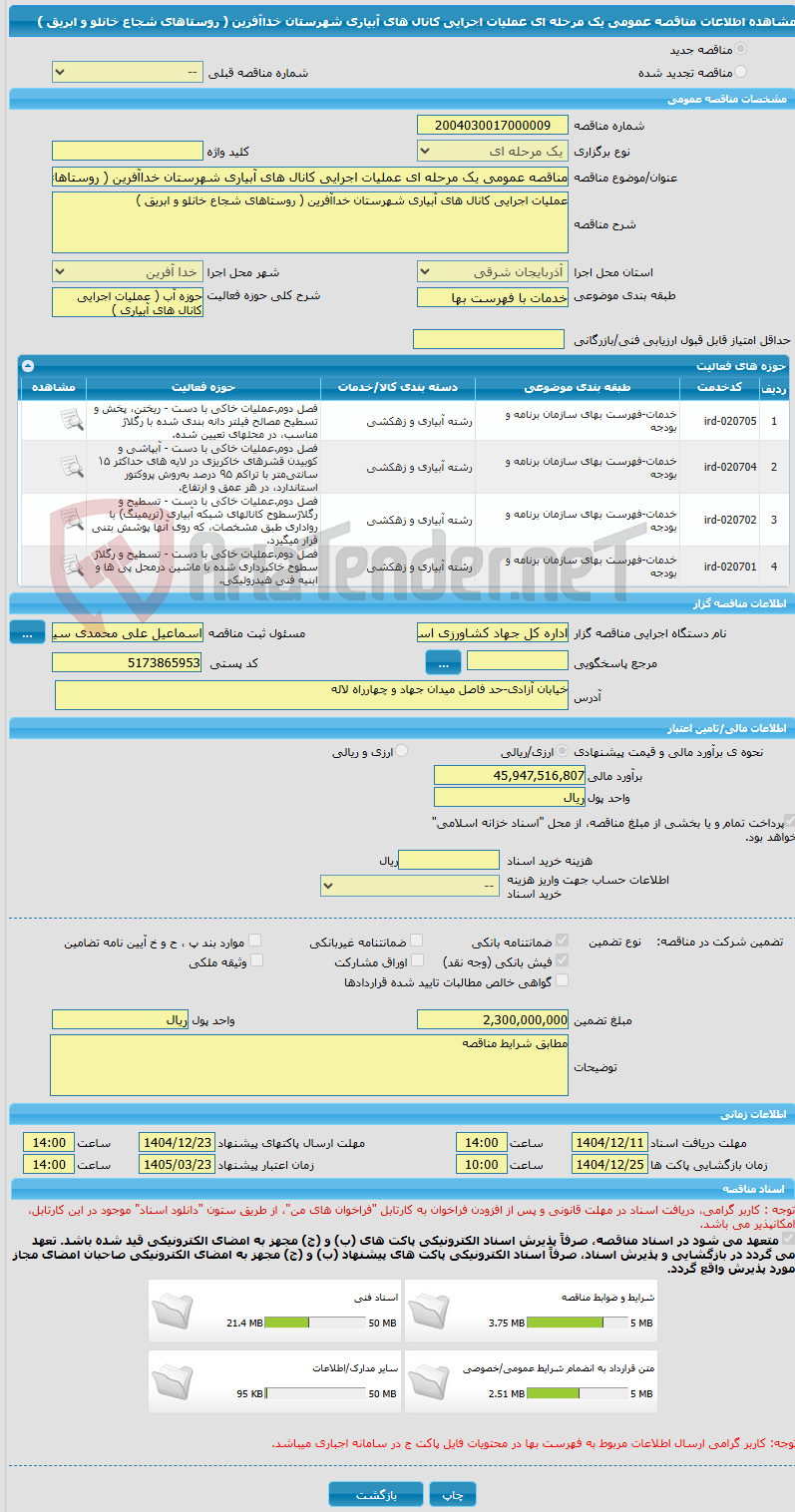تصویر کوچک آگهی مناقصه عمومی یک مرحله ای عملیات اجرایی کانال های آبیاری شهرستان خداآفرین ( روستاهای شجاع خانلو و ابریق )
