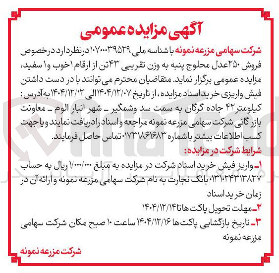 تصویر کوچک آگهی فروش ۲۵۰ عدل محلوج پنبه به وزن تقریبی ۴۳ تن