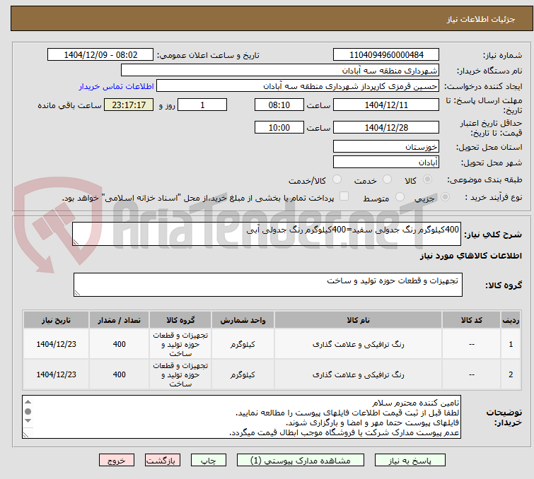 تصویر کوچک آگهی 400کیلوگرم رنگ جدولی سفید=400کیلوگرم رنگ جدولی آبی