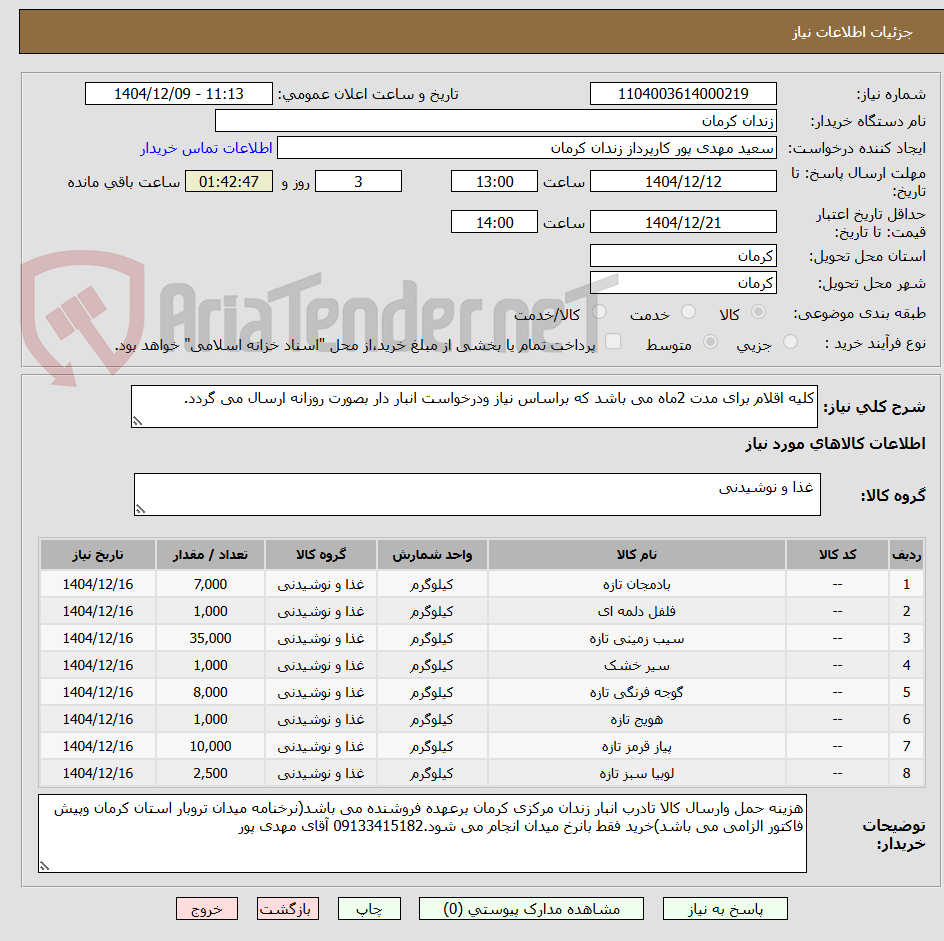 تصویر کوچک آگهی کلیه اقلام برای مدت 2ماه می باشد که براساس نیاز ودرخواست انبار دار بصورت روزانه ارسال می گردد.