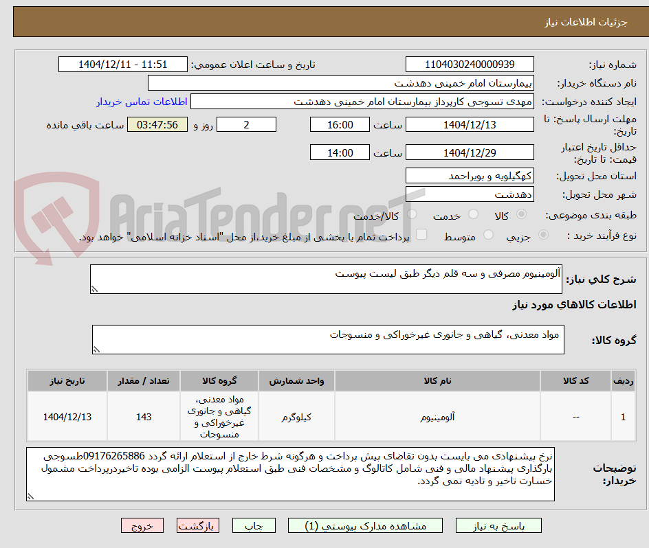 تصویر کوچک آگهی آلومینیوم مصرفی و سه قلم دیگر طبق لیست پیوست
