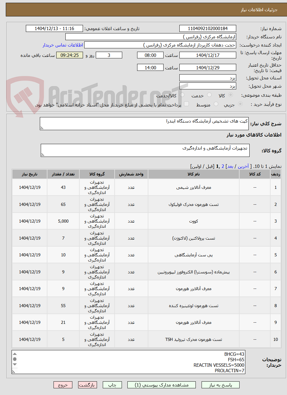 تصویر کوچک آگهی کیت های تشخیص آزمایشگاه دستگاه ایندرا