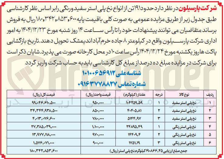 تصویر کوچک آگهی حدود ۱۹۱ تن از انواع نخ پلی استر سفید و رنگی