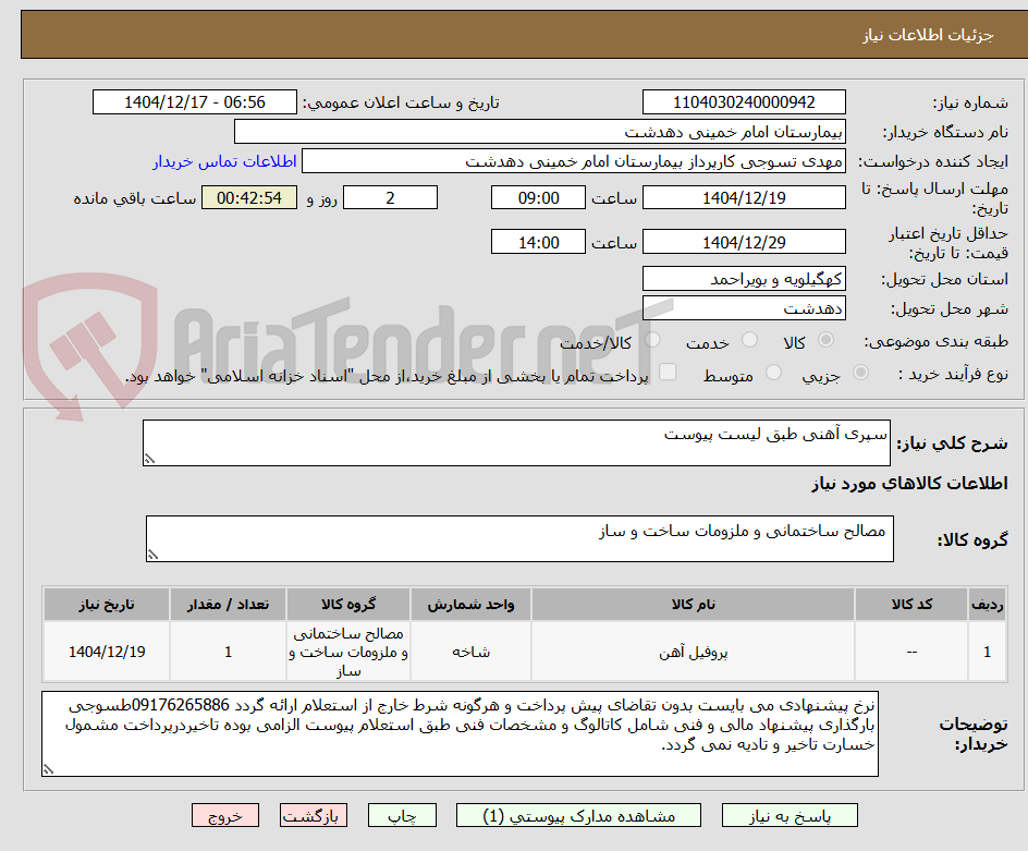 تصویر کوچک آگهی سپری آهنی طبق لیست پیوست