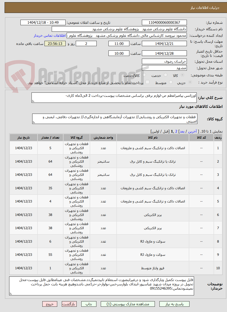 تصویر کوچک آگهی اورژانس پیامبراعظم ص-لوازم برقی براساس مشخصات پیوست-پرداخت 2 الی3ماه کاری-