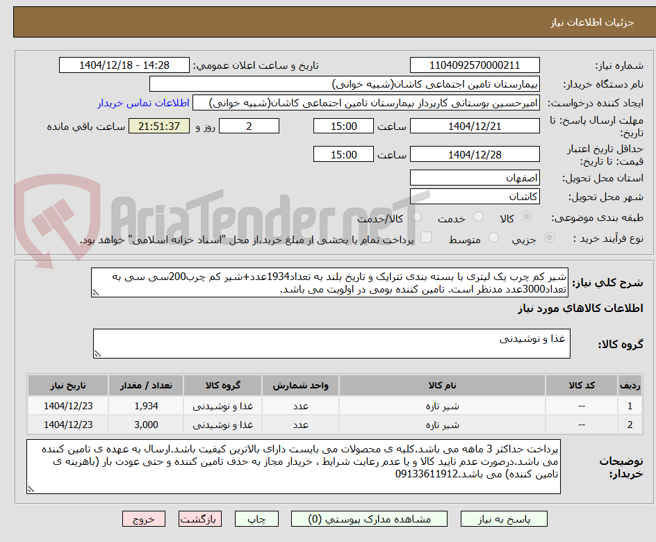 تصویر کوچک آگهی شیر کم چرب یک لیتری با بسته بندی تتراپک و تاریخ بلند به تعداد1934عدد+شیر کم چرب200سی سی به تعداد3000عدد مدنظر است. تامین کننده بومی در اولویت می باشد.