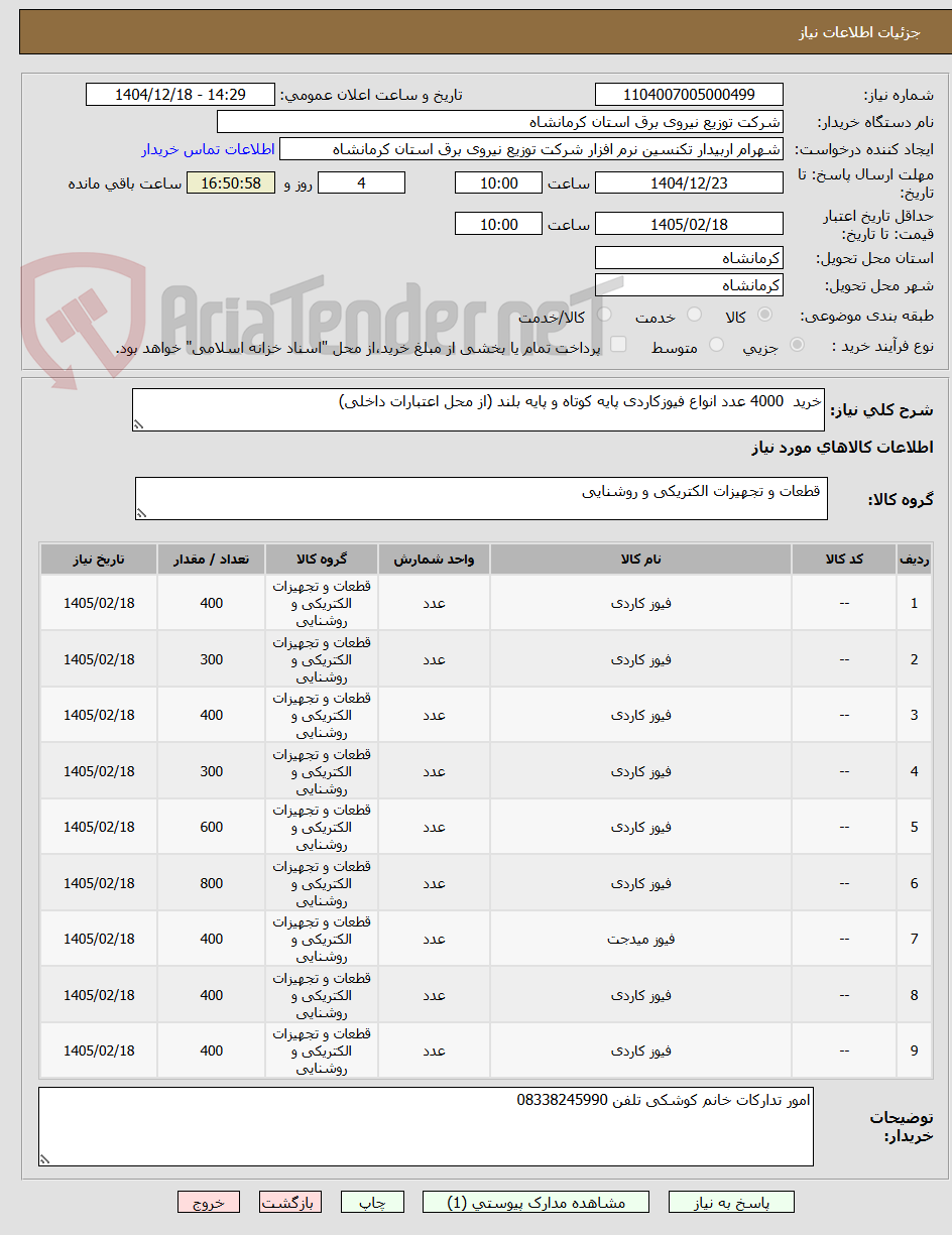 تصویر کوچک آگهی خرید 4000 عدد انواع فیوزکاردی پایه کوتاه و پایه بلند (از محل اعتبارات داخلی)