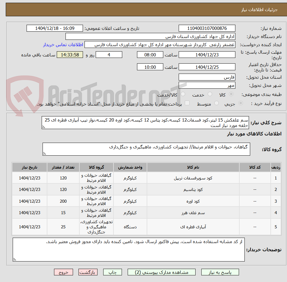 تصویر کوچک آگهی سم علفکش 15 لیتر،کود فسفات12 کیسه،کود پتاس 12 کیسه،کود اوره 20 کیسه،نوار تیپ آبیاری قطره ای 25 حلقه مورد نیاز است