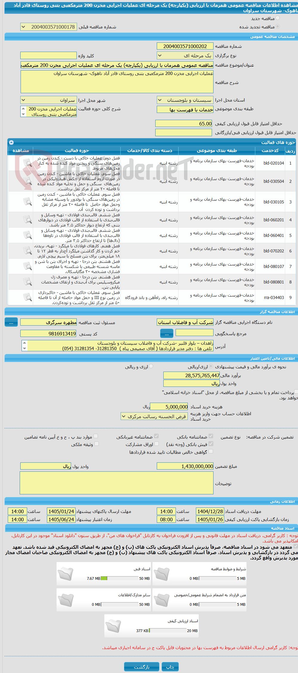 تصویر کوچک آگهی مناقصه عمومی همزمان با ارزیابی (یکپارچه) یک مرحله ای عملیات اجرایی مخزن 200 مترمکعبی بتنی روستای قادر آباد ناهوک- شهرستان سراوان