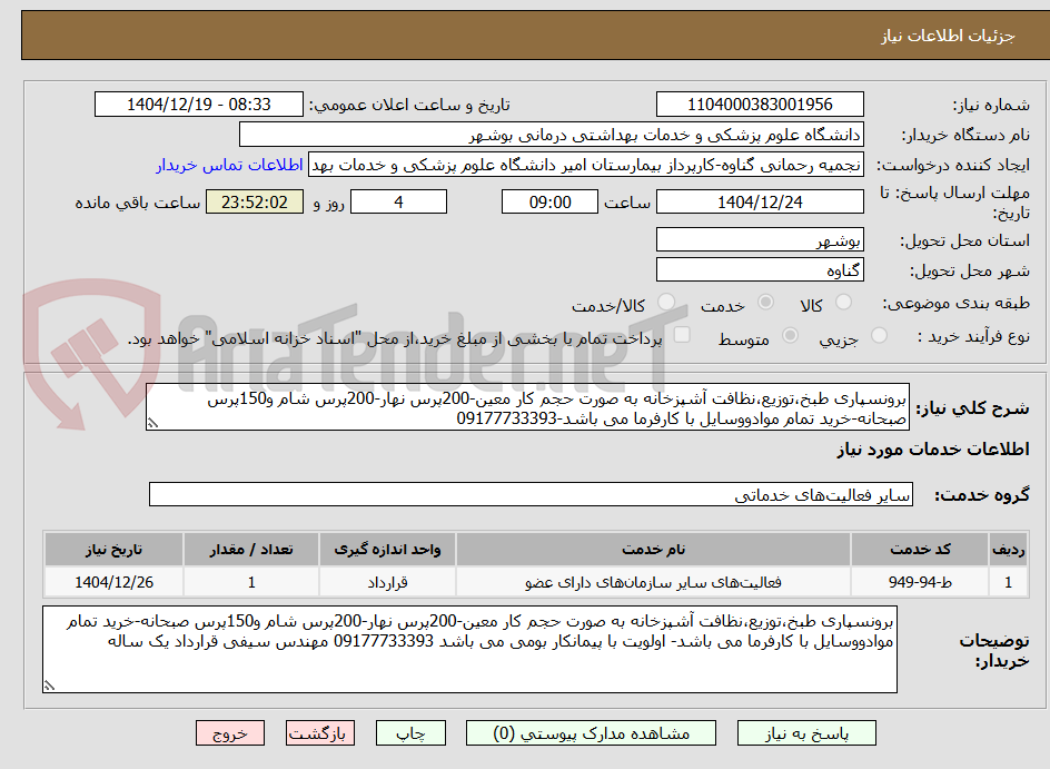 تصویر کوچک آگهی برونسپاری طبخ،توزیع،نظافت آشپزخانه به صورت حجم کار معین-200پرس نهار-200پرس شام و150پرس صبحانه-خرید تمام موادووسایل با کارفرما می باشد-09177733393
