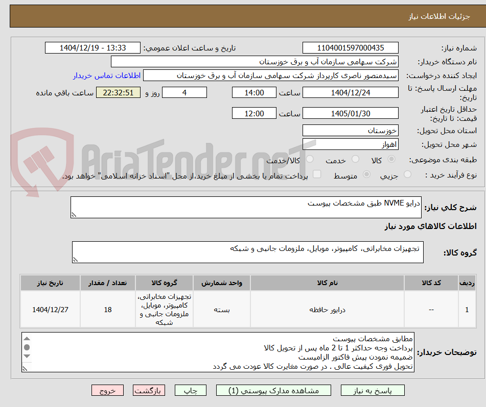 تصویر کوچک آگهی درایو NVME طبق مشخصات پیوست