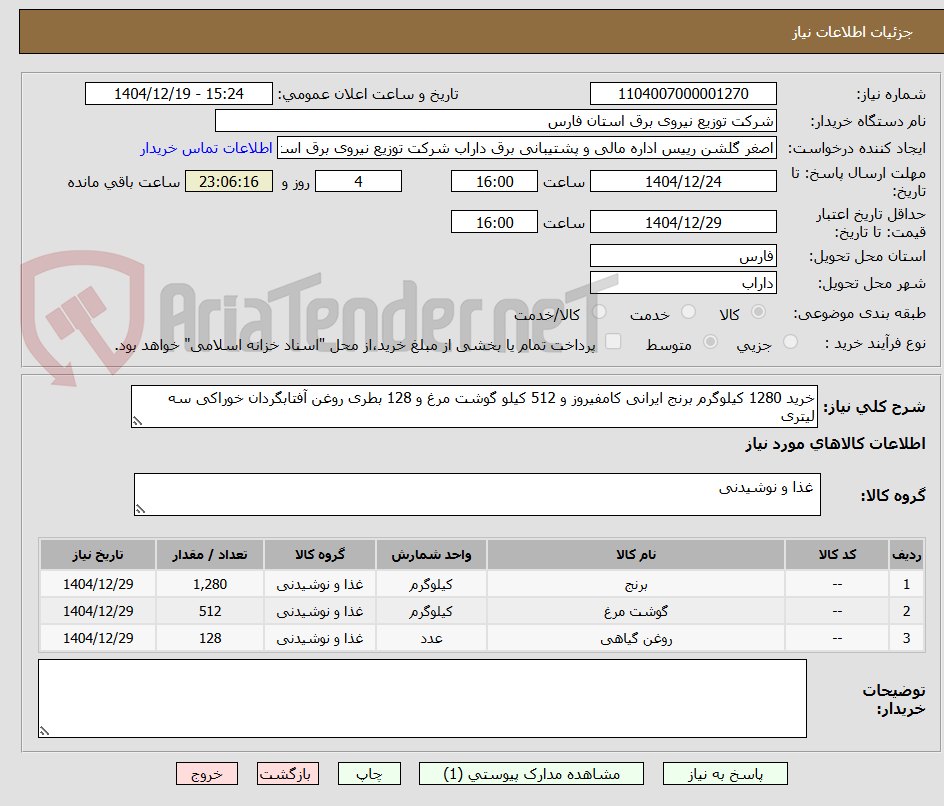 تصویر کوچک آگهی خرید 1280 کیلوگرم برنج ایرانی کامفیروز و 512 کیلو گوشت مرغ و 128 بطری روغن آفتابگردان خوراکی سه لیتری