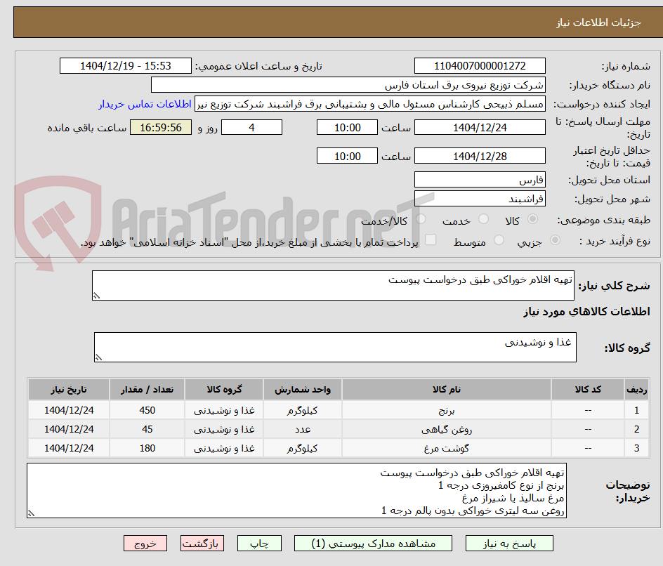 تصویر کوچک آگهی تهیه اقلام خوراکی طبق درخواست پیوست
