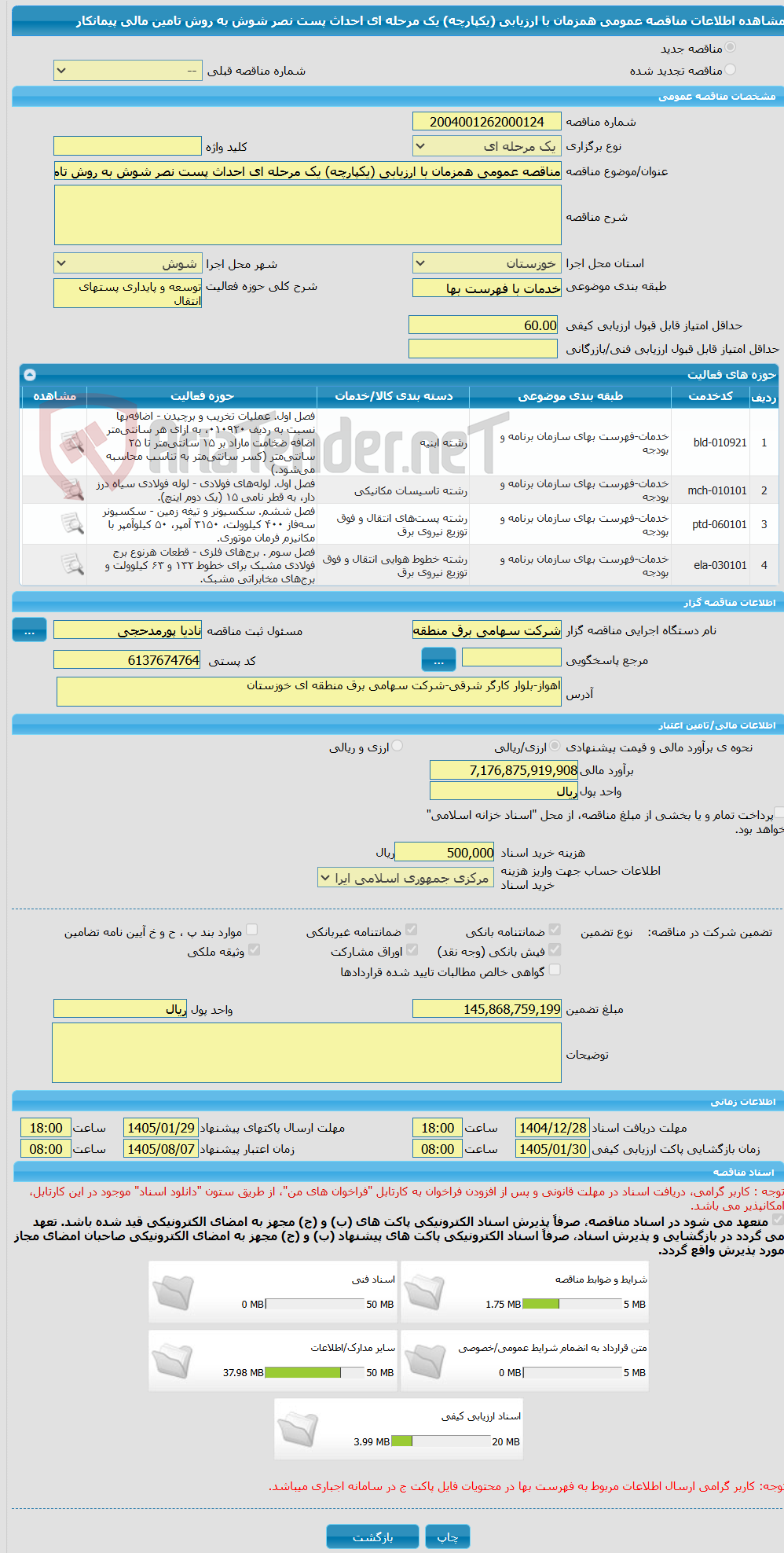 تصویر کوچک آگهی مناقصه عمومی همزمان با ارزیابی (یکپارچه) یک مرحله ای احداث پست نصر شوش به روش تامین مالی پیمانکار