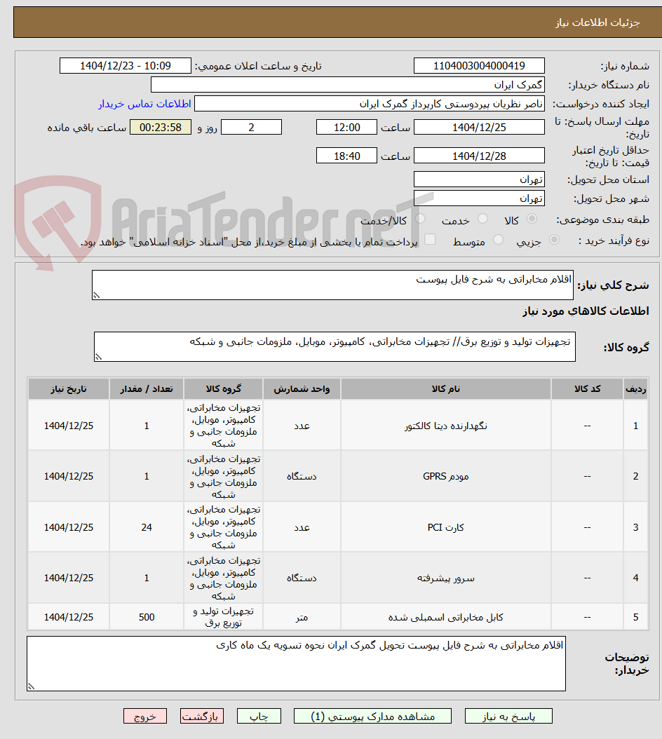 تصویر کوچک آگهی اقلام مخابراتی به شرح فایل پیوست