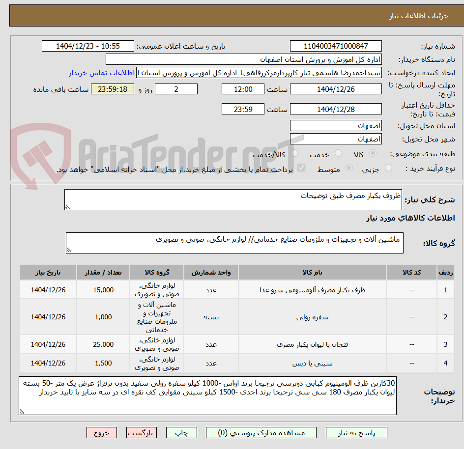 تصویر کوچک آگهی ظروف یکبار مصرف طبق توضیحات