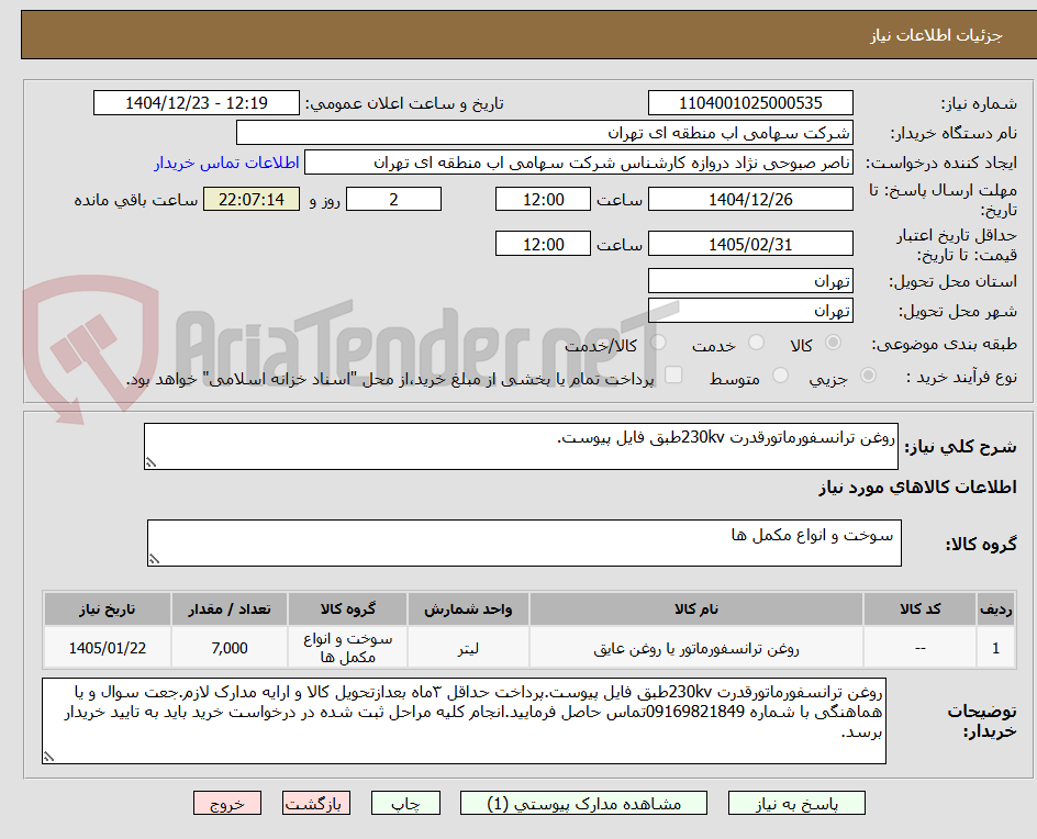 تصویر کوچک آگهی روغن ترانسفورماتورقدرت 230kvطبق فایل پیوست.