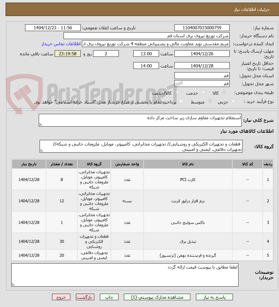 تصویر کوچک آگهی استعلام تجهیزات مقاوم سازی زیر ساخت مرکز داده