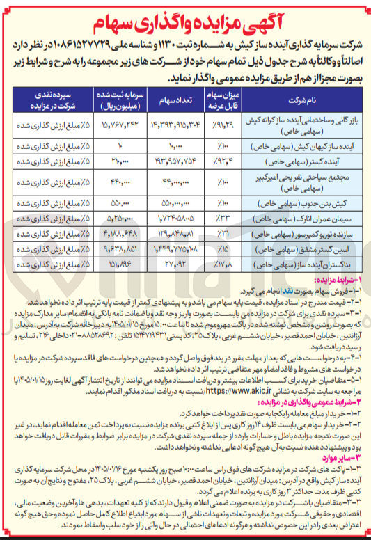 تصویر کوچک آگهی فروش سهام در شرکت های ذیل:بازرگانی و ساختمانی آینده ساز کرانه کیش سهامی خاص) آینده ساز کیهان کیش سهامی خاص) آینده گستر سهامی خاص) مجتمع سیاحتی نقر یحی امیر کبیر (سهامی خاص) کیش بتن جنوب ( سهامی خاص) سیمان عمران انارک سهامی خاص) سازنده توربو کمپرسور سهامی خاص) اسین گستر مشفق سهامی خاص) بناگستران آینده ساز سهامی