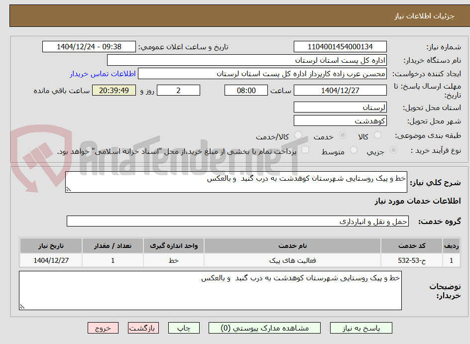 تصویر کوچک آگهی خط و پیک روستایی شهرستان کوهدشت به درب گنبد  و بالعکس