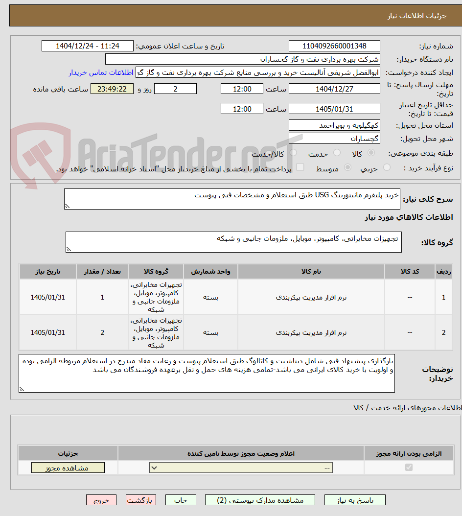 تصویر کوچک آگهی خرید پلتفرم مانیتورینگ USG طبق استعلام و مشخصات فنی پیوست
