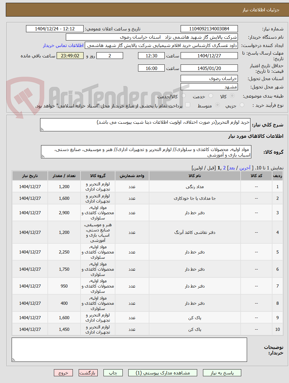 تصویر کوچک آگهی خرید لوازم التحریر(در صورت اختلاف، اولویت اطلاعات دیتا شیت پیوست می باشد)