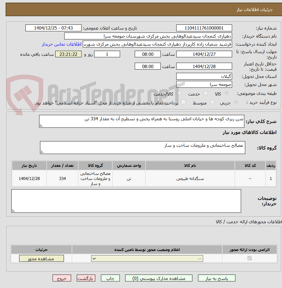تصویر کوچک آگهی شن ریزی کوچه ها و خیابان اصلی روستا به همراه پخش و تسطیح آن به مقدار 334 تن