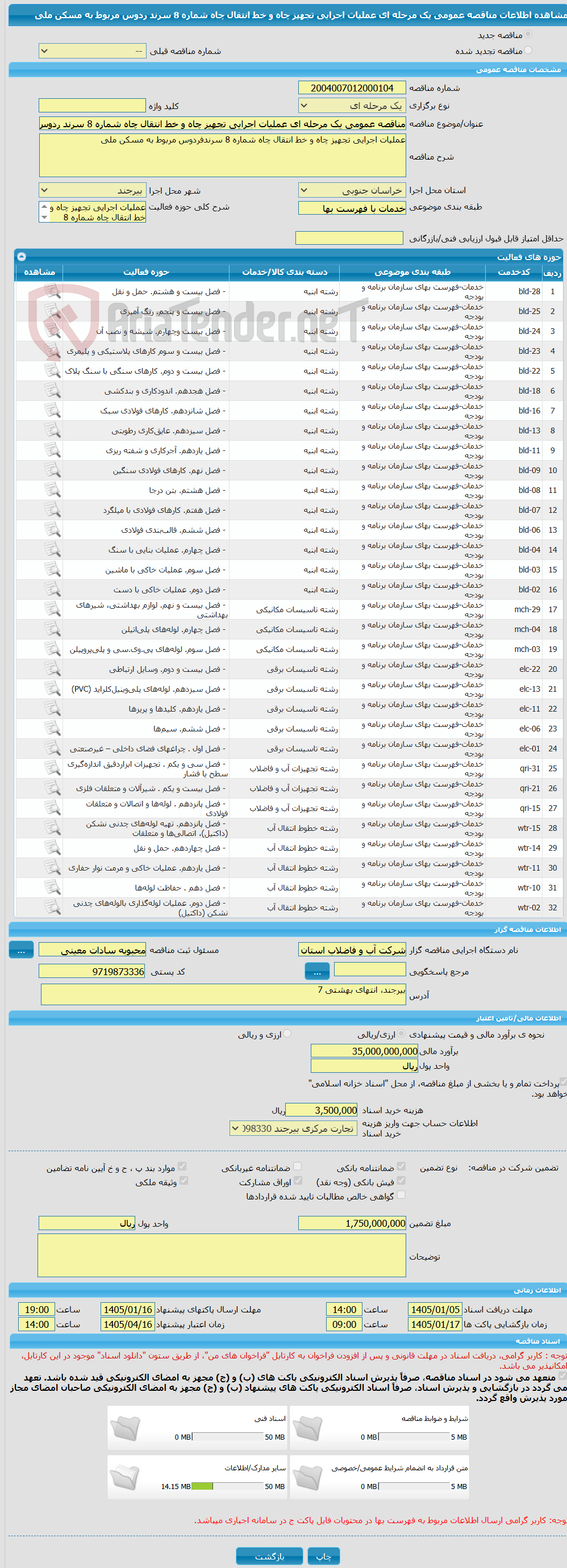 تصویر کوچک آگهی مناقصه عمومی یک مرحله ای عملیات اجرایی تجهیز چاه و خط انتقال چاه شماره 8 سرند ردوس مربوط به مسکن ملی