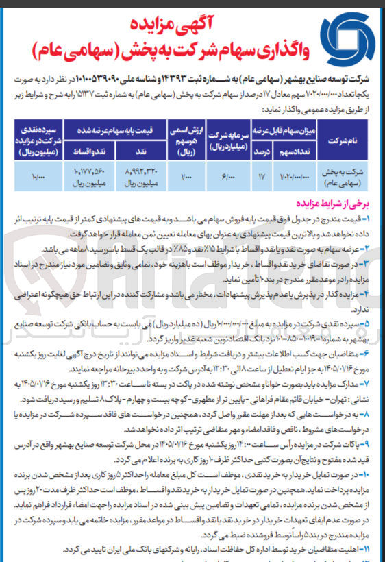 تصویر کوچک آگهی واگذاری سهام یک جا تعداد 13020.000.000 