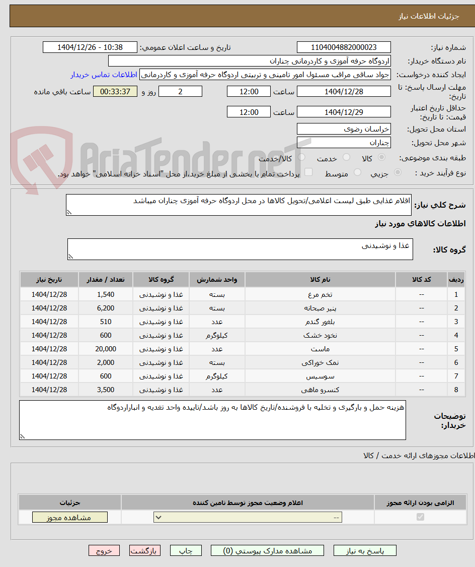 تصویر کوچک آگهی اقلام غذایی طبق لیست اعلامی/تحویل کالاها در محل اردوگاه حرفه آموزی چناران میباشد