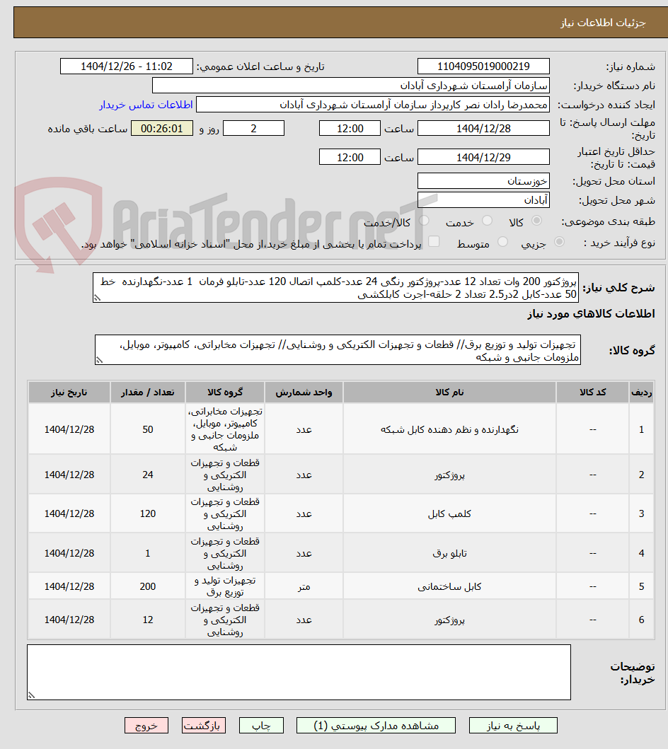 تصویر کوچک آگهی پروژکتور 200 وات تعداد 12 عدد-پروژکتور رنگی 24 عدد-کلمپ اتصال 120 عدد-تابلو فرمان  1 عدد-نگهدارنده  خط 50 عدد-کابل 2در2.5 تعداد 2 حلقه-اجرت کابلکشی
